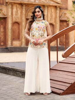 BC Balaji Creation - Off White Georgette Indowestern Embroidary Kurta and Pallazo with Dupatta