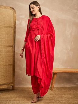 CHETI - Women Cotton Dobby Textured Red Kurta With Pant With Dupatta