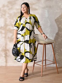 Desi Noor - Mustard Pintuck Floral Scalloped Neck Dress