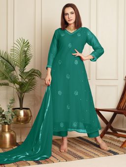 Chhabra 555 - Chiffon Zari Embroidered Teal Kurta and Pant with Dupatta