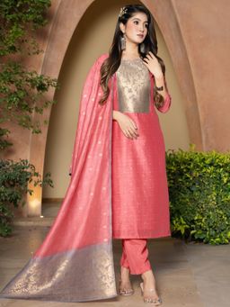 Chhabra 555 - Jamdani Woven Straight Pink Kurta and Pant with Dupatta