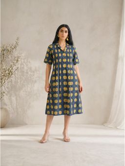 Kami Kubi - Printed A-Line Cotton With Front Tucks Notch Collar And Roll-Up Sleeves Blue Dress