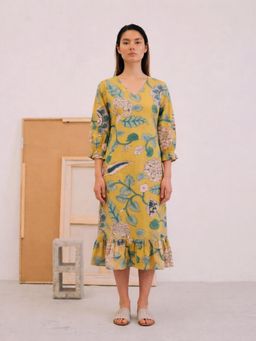 Kami Kubi - A-Line Cotton Floral Printed Tiered Hem And Smocked Sleeves Mustard Dress