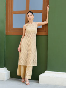 Qissa - Beige Self Design Polyblend Mesh Straight Kurta and Inner With Palazzo