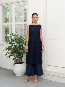 Qissa - Navy Blue Textured Sleeveless Kurta and Inner With Palazzo