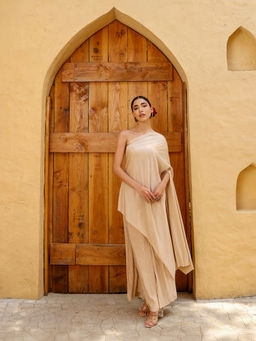 Qissa - Beige Pleated One Shoulder Asymmetric Top and Palazzo