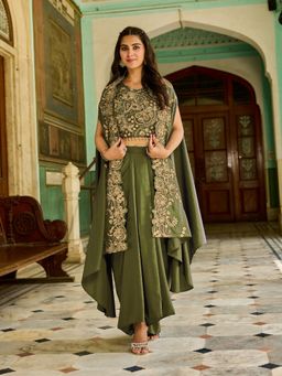 Chhabra 555 - Zari Embroidery Indo-Western Green Crop Top and Skirt with Dupatta
