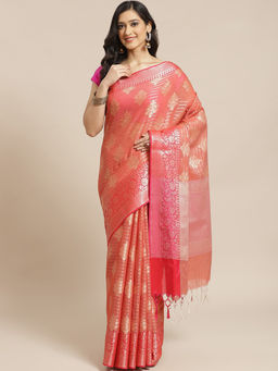 Indethnic - Banarasi Coral Woven Design Work Wear Saree With Unstitched Blouse