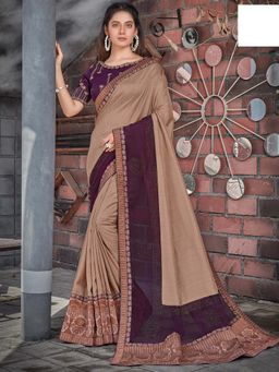 Odette - Beige, Purple Colour Tussar Silk Embroidered Saree with Unstitched Blouse