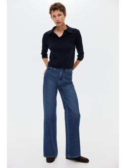 H&M - Women Blue Rib-Knit Polo T-Shirt