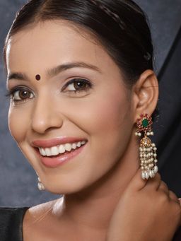 Saraf RS Jewellery - Gold plated Red Green AD Pearl Lightweight Jhumka Earrings