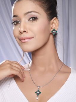 Saraf RS Jewellery - Silver Oxidised Red & Green Stones Minimal Office Wear Locket Jewellery Set