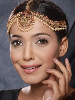 Saraf RS Jewellery - Gold Plated Kempo Studded & Pearl Beaded Bridal Antique Temple Damini Matha Patti