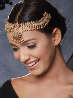 Saraf RS Jewellery - Gold Plated Red Green Kempo Studded Lakshmi Temple Bridal Damini Matha Patti