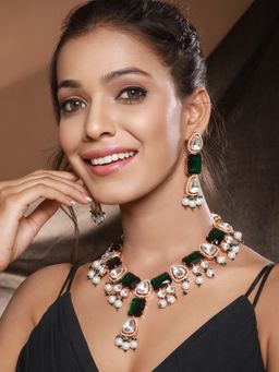 Saraf RS Jewellery - Gold Plated Emerald Green Ad & Kundan, Pearl Beaded Bridal Necklace Jewellery Set