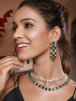 Saraf RS Jewellery - Silver Plated Emerald Green Double Lined Luxe Statement Bridal Jewellery Set