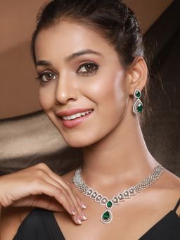 Saraf RS Jewellery - Silver Toned Green AD Studded Geometric Statement Necklace Jewellery Set