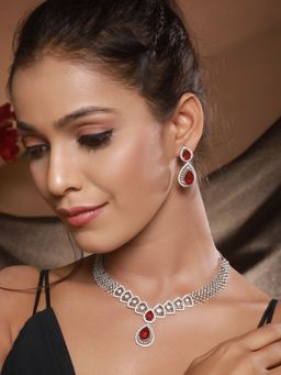 Saraf RS Jewellery - Silver Plated Red AD Studded Geometric Statement Necklace Jewellery Set