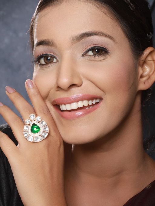 Saraf RS Jewellery Gold Polish Green Polki Kundan Designer Adjustable Engagement Finger Ring