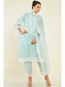 Soch - Women Blue Chanderi Embroidered Suit (Set of 3)