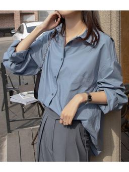 Outzidr - Women Dusky Blue Oversized Poplin Shirt