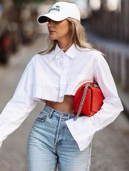 Outzidr - Women White Solid Cropped Shirt