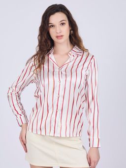Outzidr - Women White and Red Stripes Button Shirt
