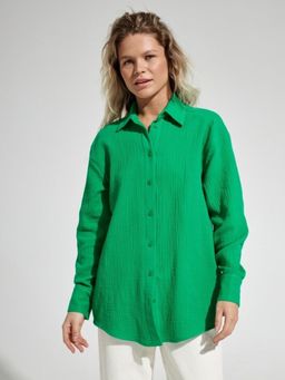 Outzidr - Women Green Textured Full Sleeves Shirt
