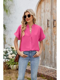 Outzidr - Women Pink Mandarin Neck Half Sleeves Shirt