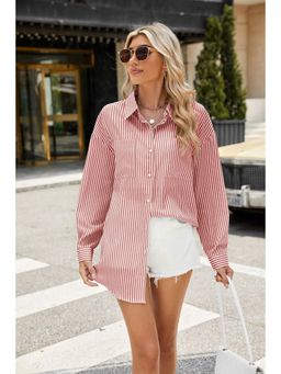 Outzidr - Women Red Full Sleeves Stripes Long Shirt