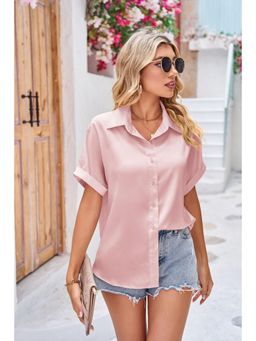 Outzidr - Women Pink Solid Half Sleeves Front Button Shirt