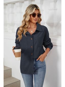 Outzidr - Women Navy Blue Full Sleeves Ribbed Shirt