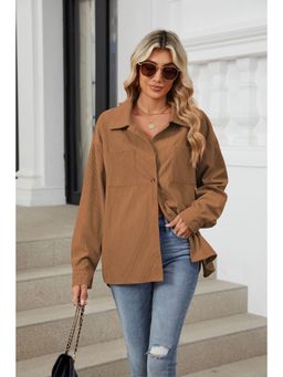 Outzidr - Women Brown Full Sleeves Ribbed Shirt