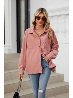 Outzidr - Women Pink Full Sleeves Ribbed Shirt