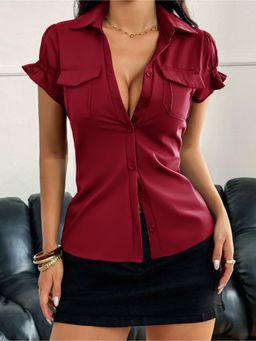 Outzidr - Women Maroon Solid Puff Sleeves Double Pocket Shirt
