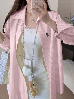 Outzidr - Women Pink Full Sleeves Stripes Long Shirt