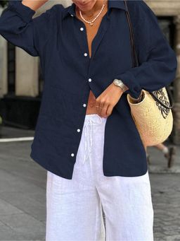 Outzidr - Women Navy Blue Textured Full Sleeves Shirt