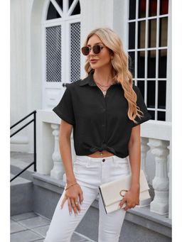Outzidr - Women Black Half Sleeves Collared Neck Shirt