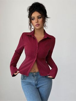 Outzidr - Women Wine Full Sleeves Collared Neck Shirt