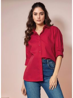 Outzidr - Women Red Solid Collared Full Sleeves Shirt