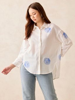 Outzidr - Women White Oversized Full Sleeves Long Shirt