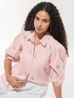 Outzidr - Women Pink Boxy Embroidery Detail Shirt
