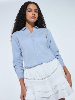 Outzidr - Women Blue Solid Half Sleeves Crop Shirt