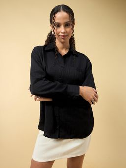 Outzidr - Women Black Textured Relaxed Fit Shirt