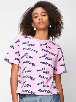 Bewakoof - Women's Pink Whatever Typography Relaxed Fit Short Top