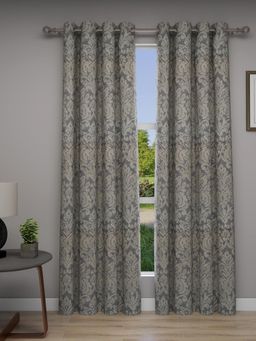 GM - Damask Jacquard Room Darkening Curtains 7 Feet in Grey Colour (Set of 2)