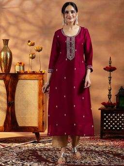 Libas - Maroon Floral Zari All Over Embroidered Kurta