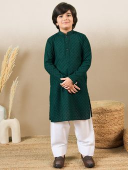 Sanwara - Boys Stylish Chikankari Embroidered Green Kurta with Pyjama (Set of 2)