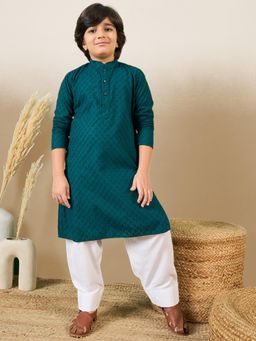 Sanwara - Boys Stylish Chikankari Embroidered Teal Kurta with Pyjama (Set of 2)