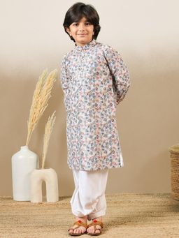 Sanwara - Boys Zari Embroidered Light Yellow Printed Kurta with Pyjama (Set of 2)